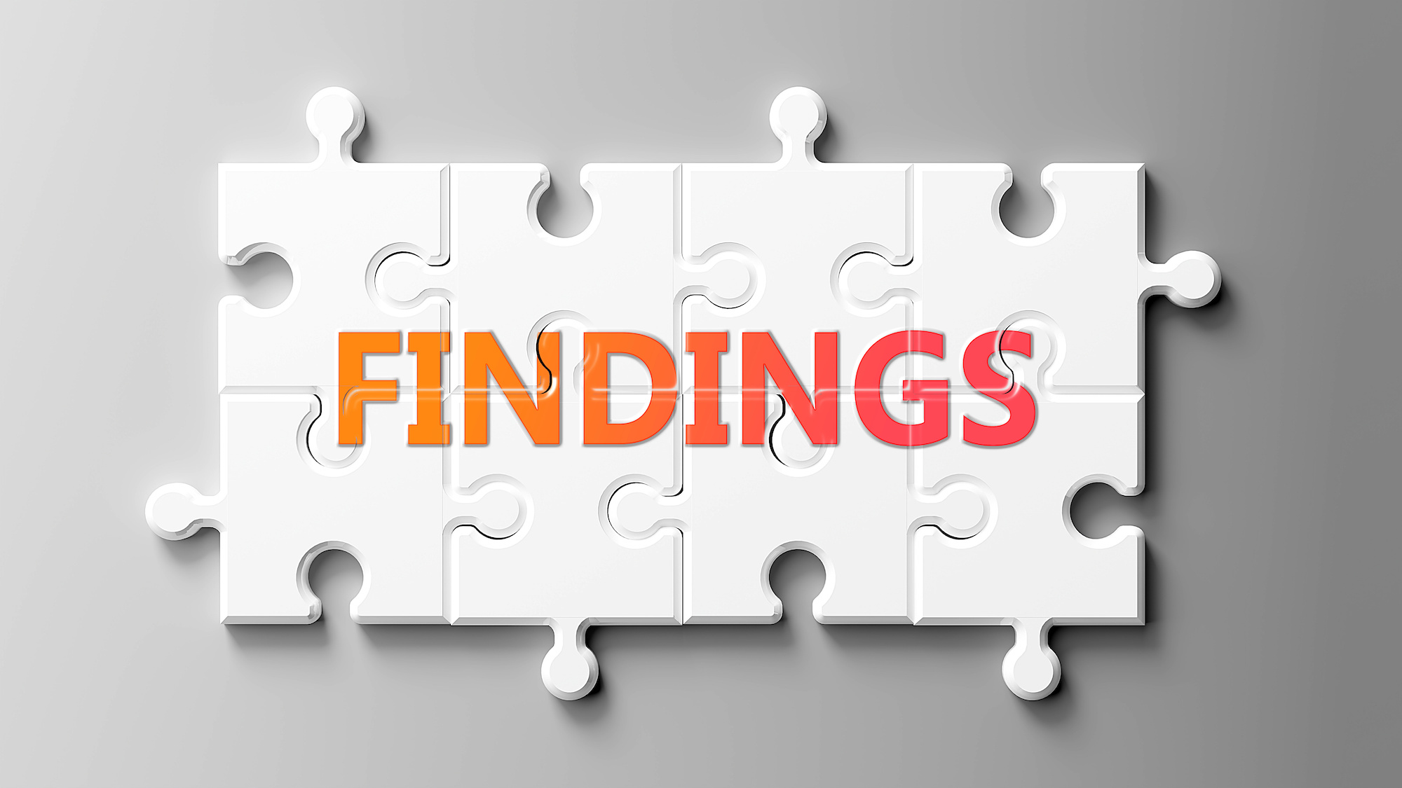 Findings complex like a puzzle - pictured as word Findings on a puzzle pieces to show that Findings can be difficult and needs cooperating pieces that fit together, 3d illustration